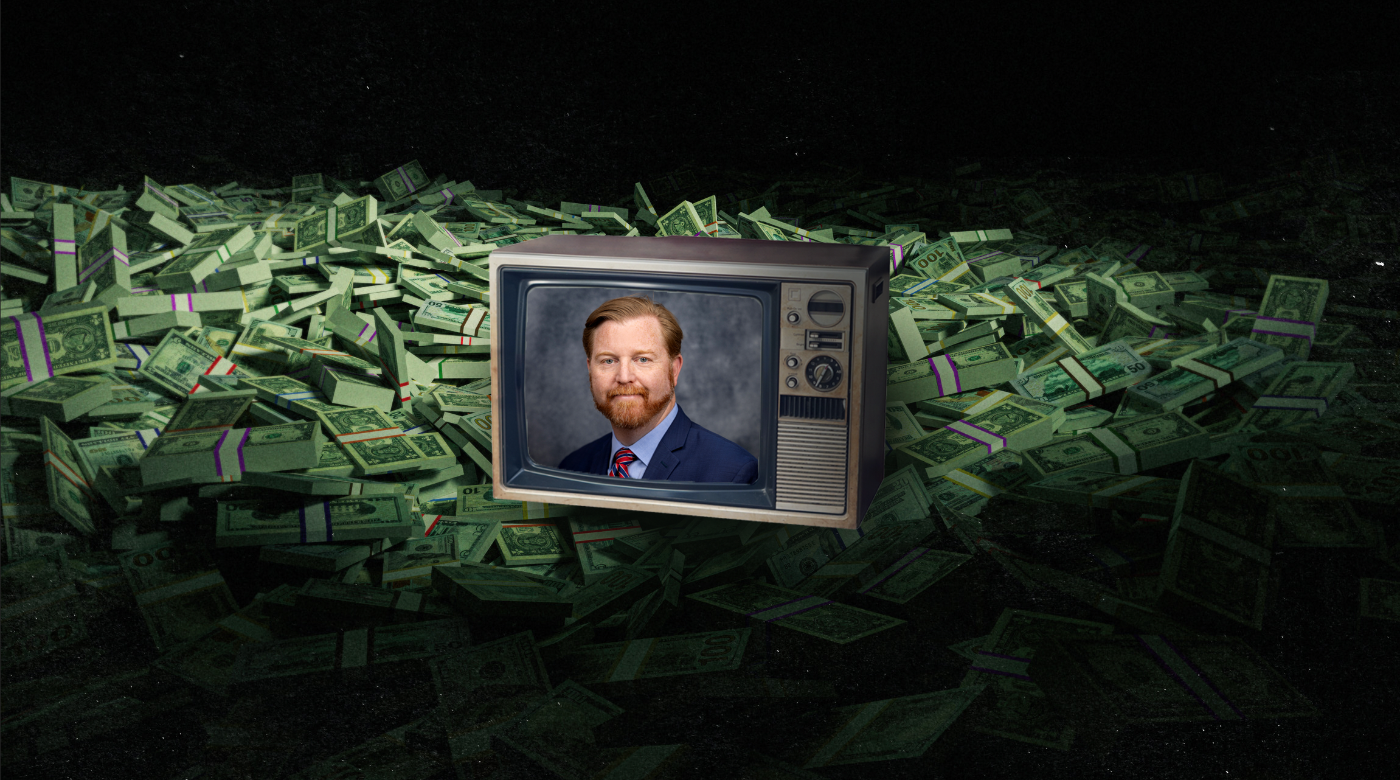 John Cavanaugh on television surrounded by piles of money